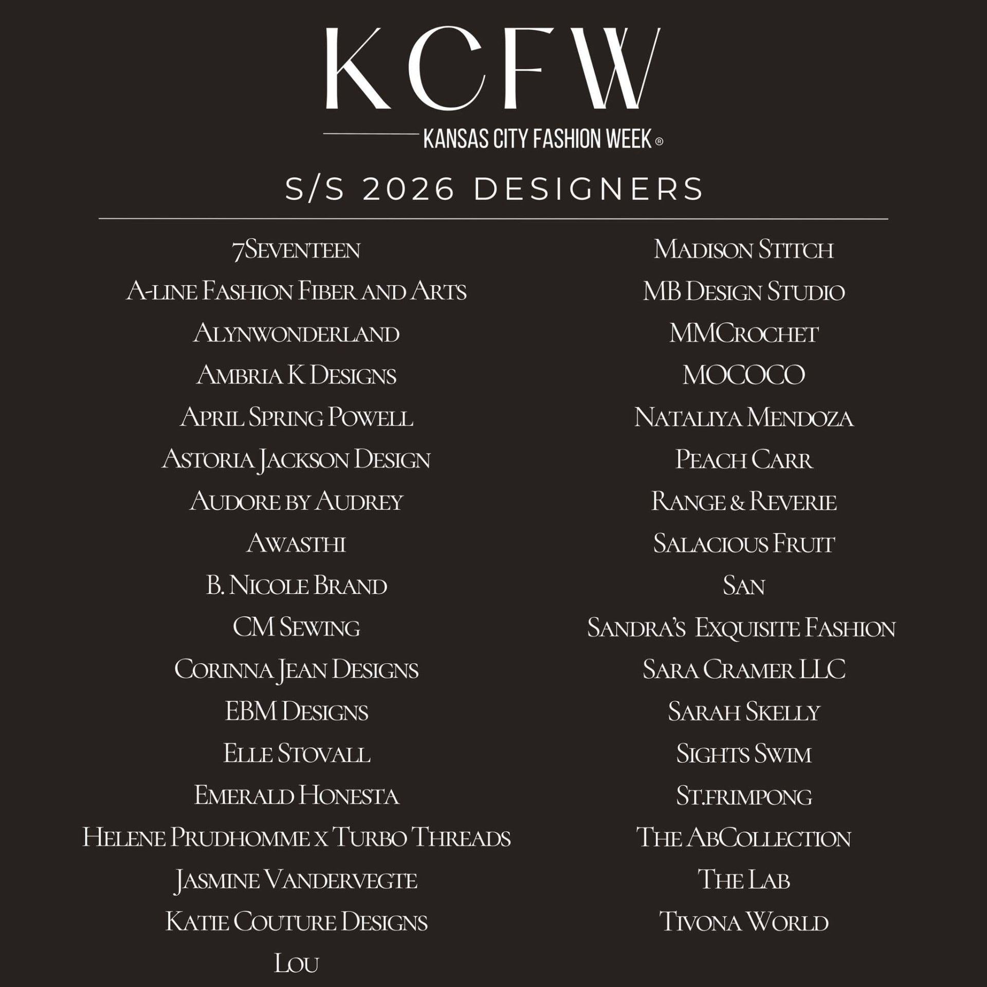 Kansas City Fashion Week Spring/Summer 2026 designer lineup graphic listing Range & Reverie